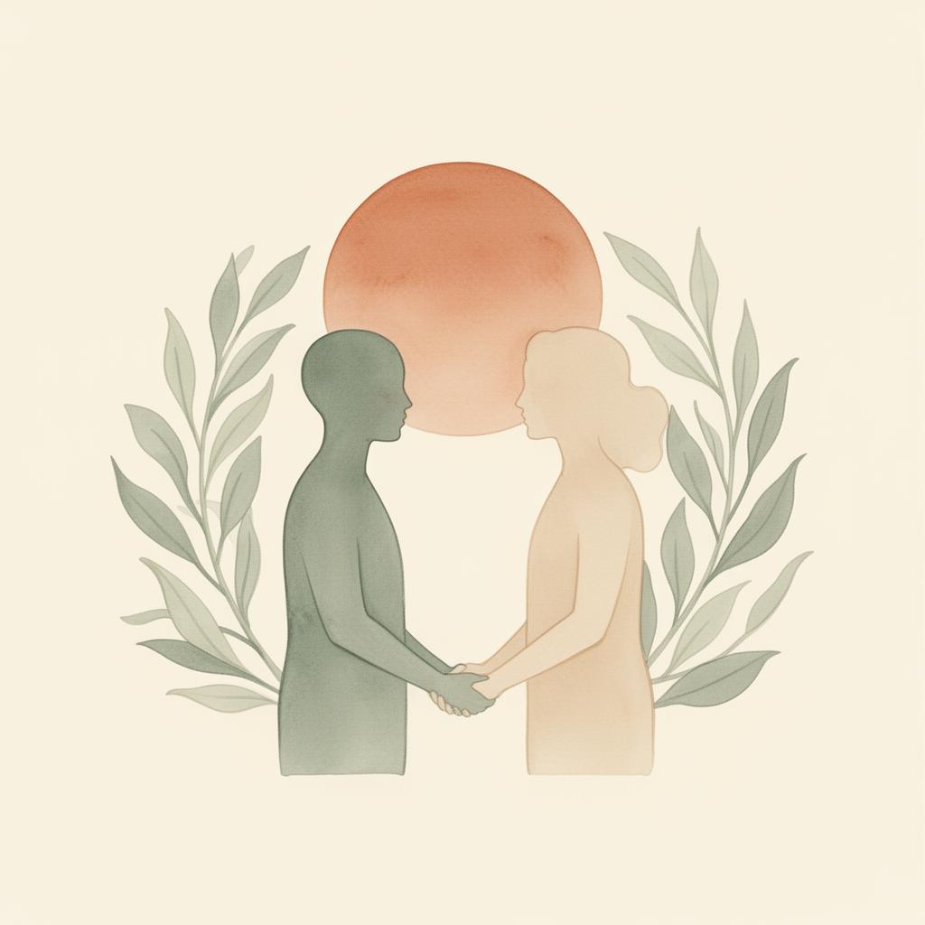 Two abstract figures holding hands surrounded by sage leaves